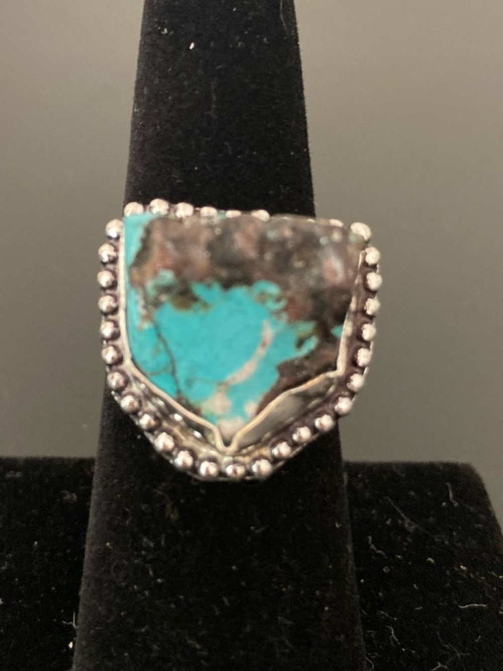 Turquoise Shield Statement Ring - Blue Turquoise Accent Size 7